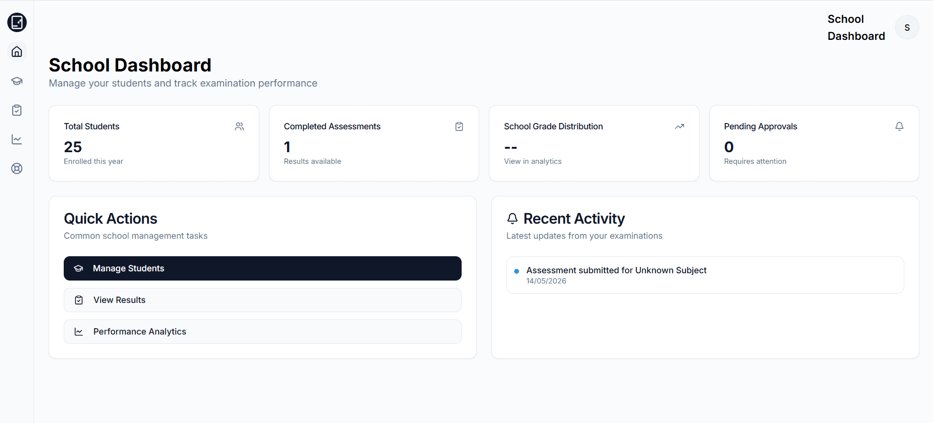 Matigo school dashboard home view showing registration and onboarding interface