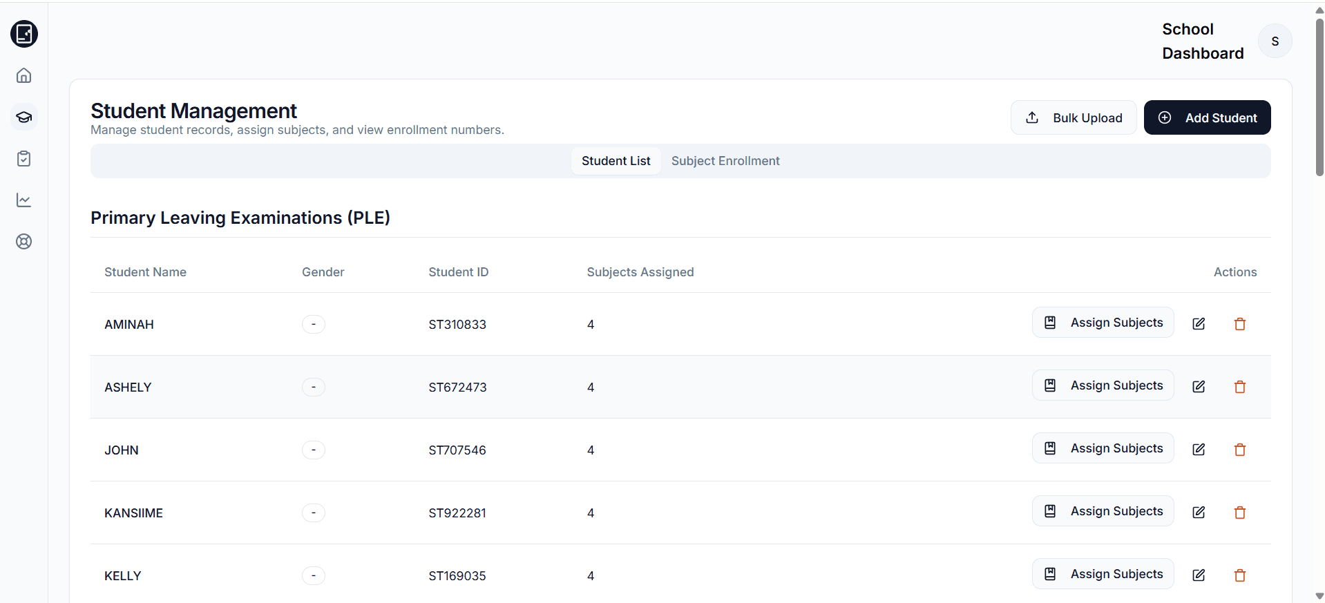 Student management interface for registering students and assigning examination subjects