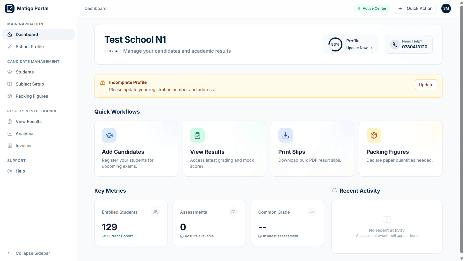 Matigo school dashboard showing key metrics and student data