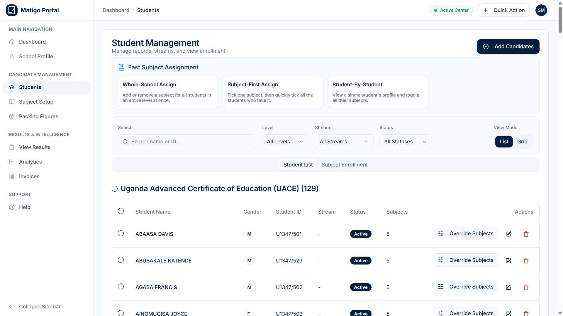 Student management interface showing candidate roster and fast subject assignment tools