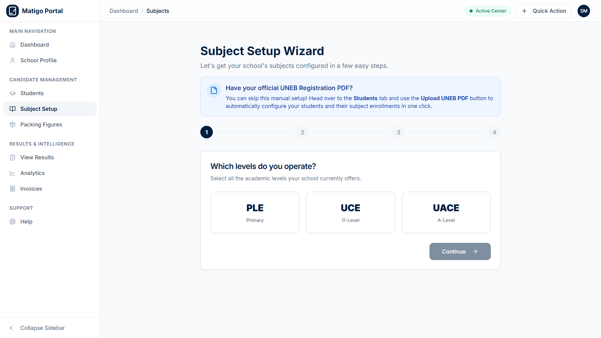 Subject setup wizard showing PLE, UCE, and UACE examination levels